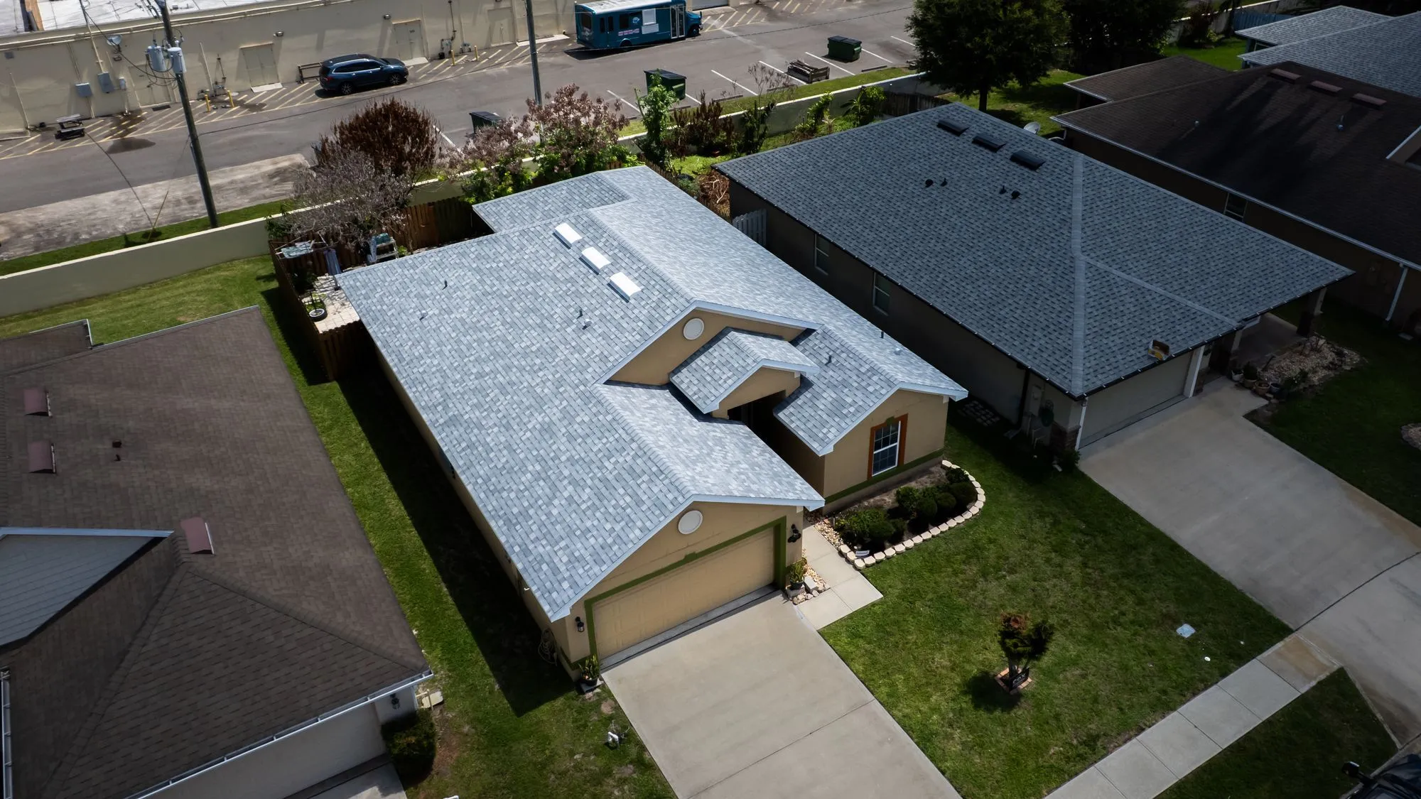 Aerial view of a completed roof replacement