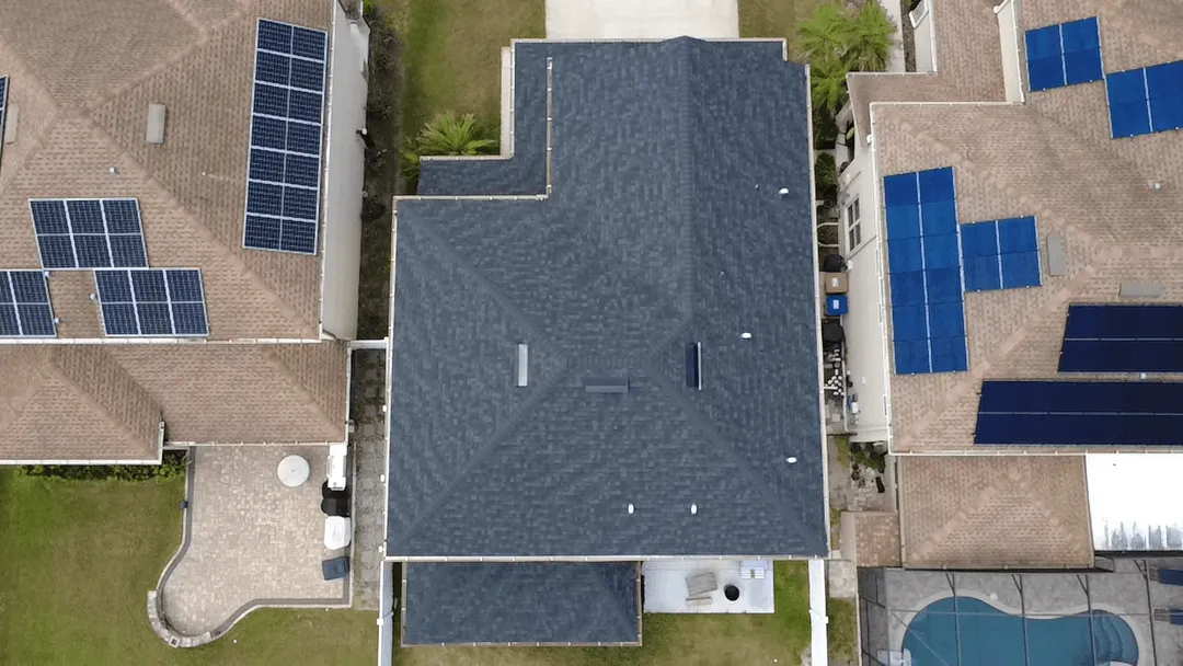 Drone photo of a new dark shingle roof